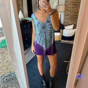Y2K Purple and Green V-Neck Mini Dress with beading